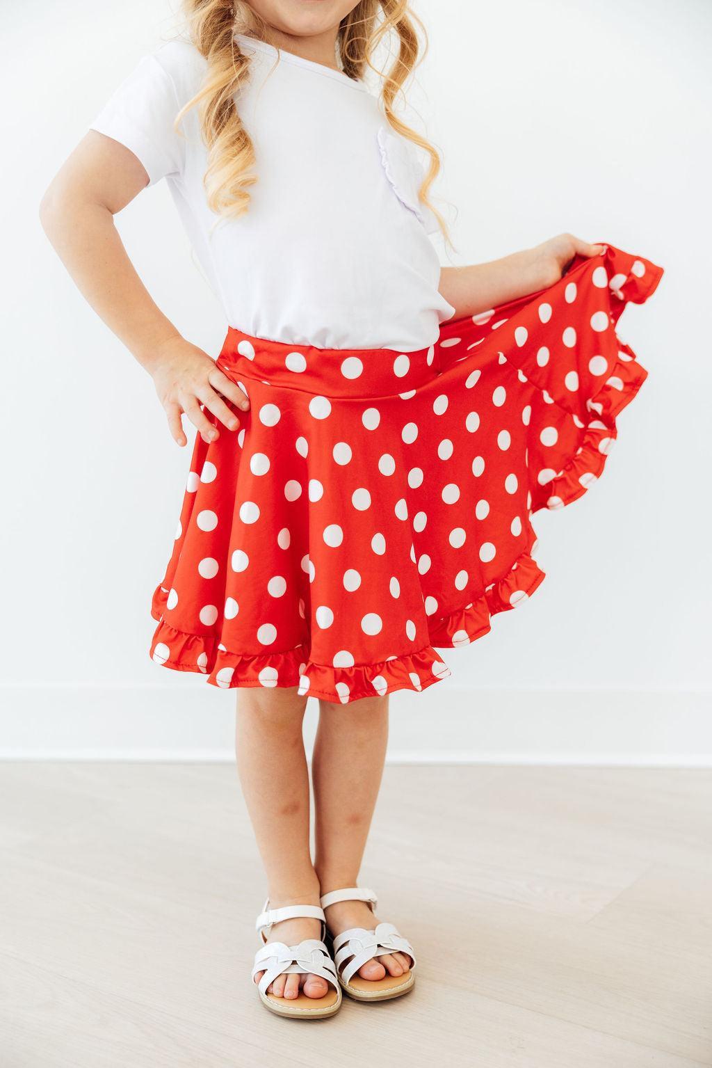 Red polka dot ruffle twirl skort for toddlers by Mila & Rose, featuring a playful ruffled design and comfortable fit.