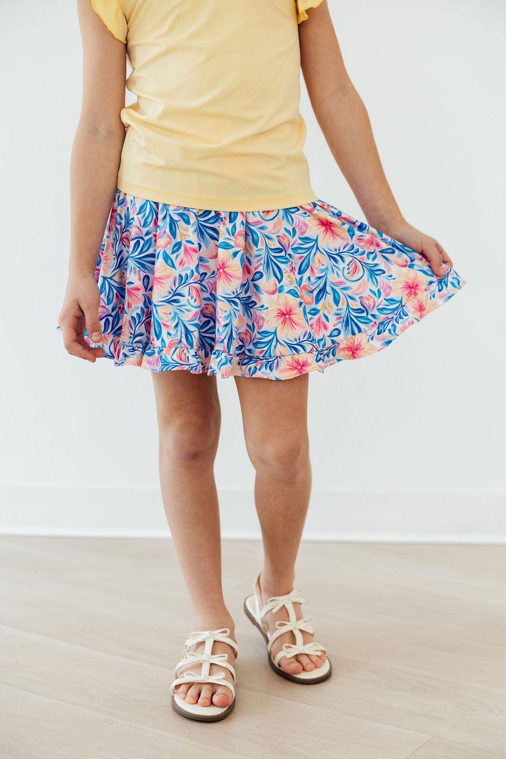 Watercolor floral ruffle twirl skort for 6-12 months by Mila & Rose, featuring a playful ruffle and colorful floral print.