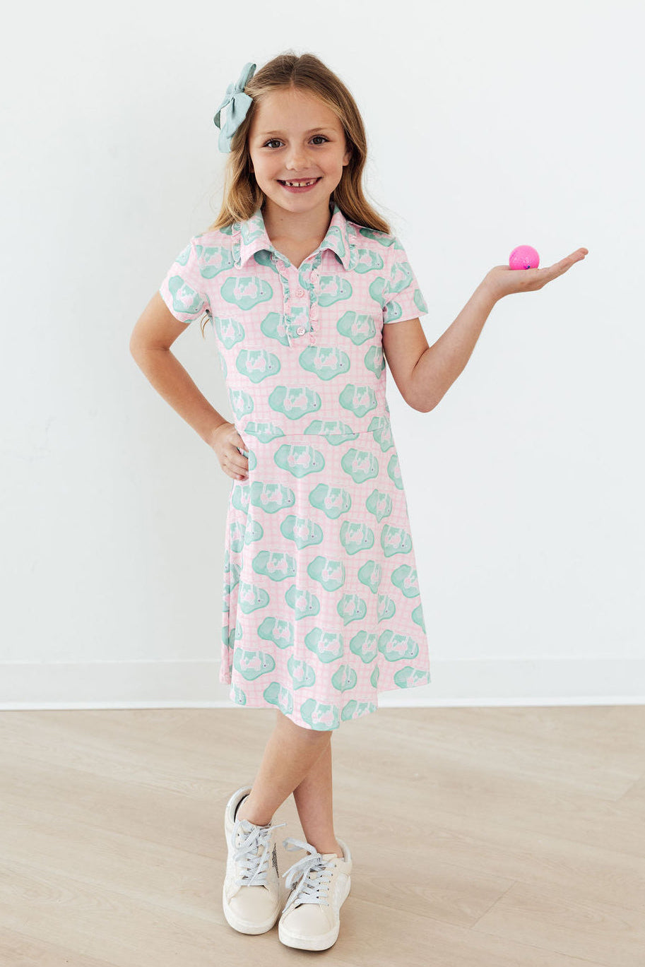Toddler girl's green short-sleeve polo dress by Mila & Rose, featuring a classic collar and comfortable fit.