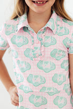 Mila & Rose girl's green short-sleeve polo dress with collar and button front, perfect for casual summer wear.