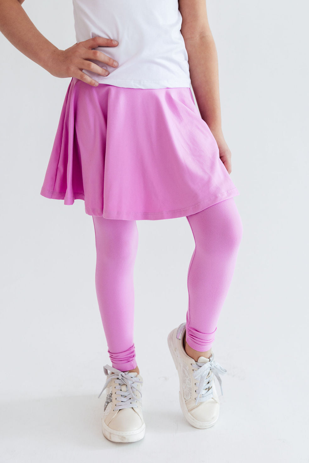 Bright lilac twirl Mila & Rose® skegging featuring a comfortable fit and vibrant color, shown on a model.