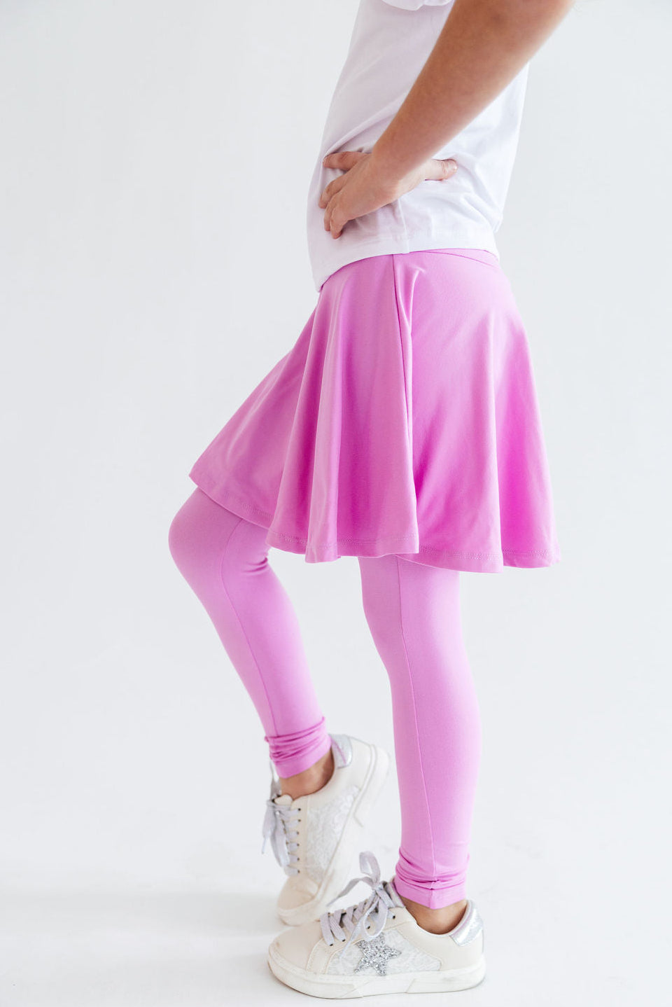 Bright lilac Mila & Rose skegging with twirl pattern, close-up view showing soft, stretchy fabric and detailed stitching.