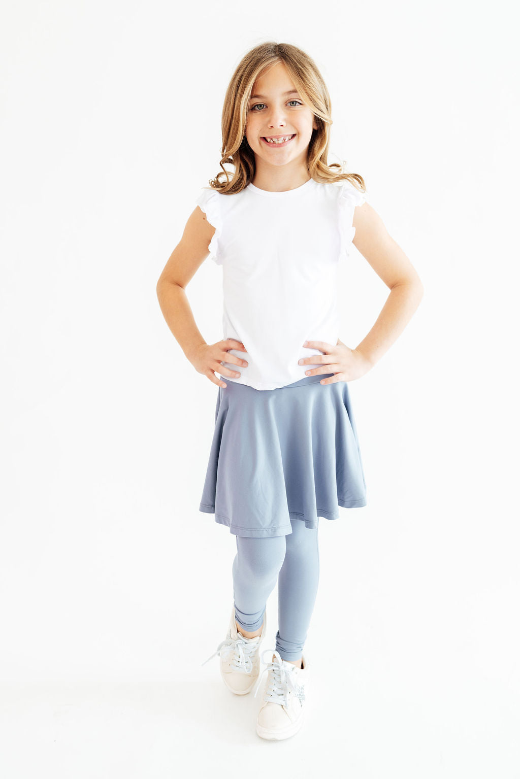 Dusty blue Mila & Rose® skegging showcasing a twirl design, fitted style, and soft fabric in a comfortable, casual look.