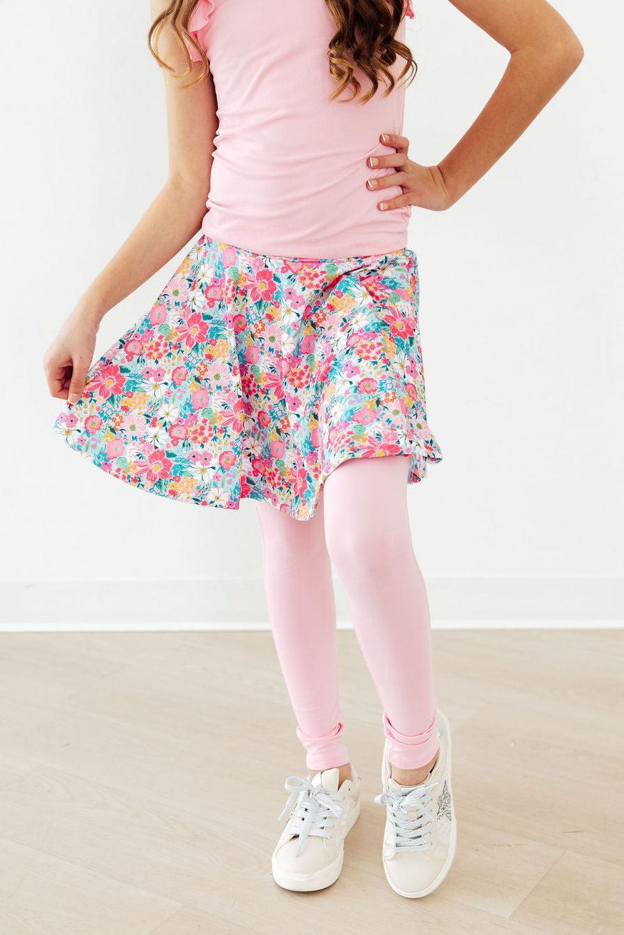 Mila & Rose Petal Promises Twirl Skegging in soft pink with floral pattern, stretchy fabric, close-up of the stylish, comfortable leggings
