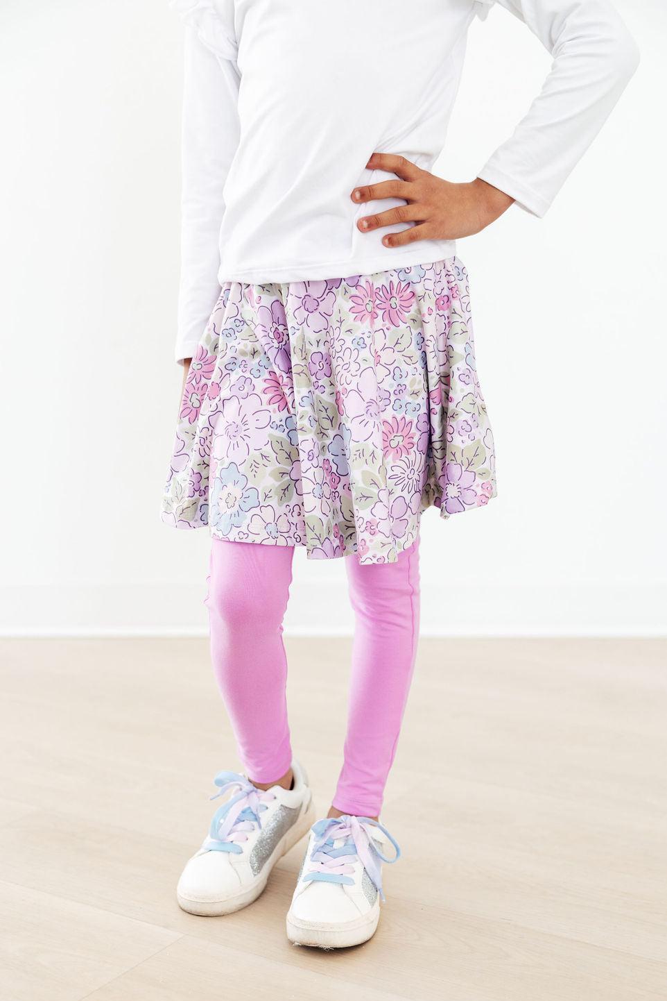 Mila & Rose Spring Gardens Twirl Skegging in vibrant floral pattern, soft stretchy fabric, close-up of the colorful design and fit.