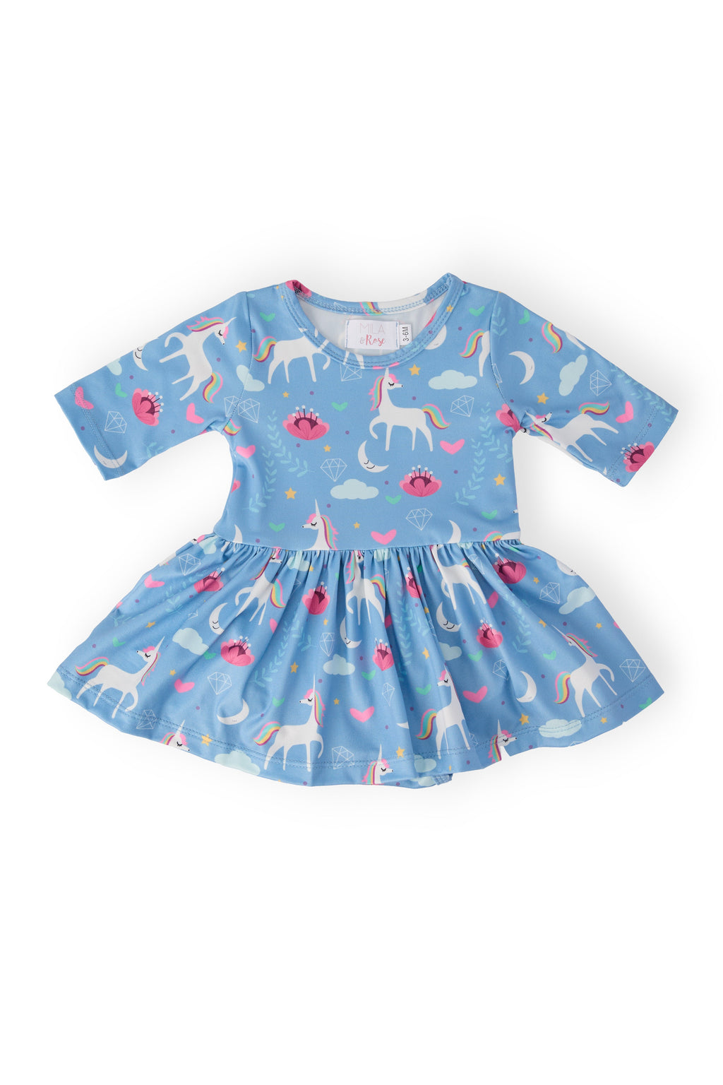 Blue Moon Mila & Rose 3/4 sleeve twirl bodysuit for babies, featuring a cute twirl design and soft fabric in light blue.