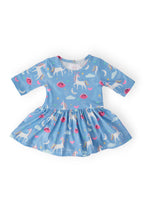 Blue Moon Mila & Rose 3/4 sleeve twirl bodysuit for babies, featuring a cute twirl design and soft fabric in light blue.