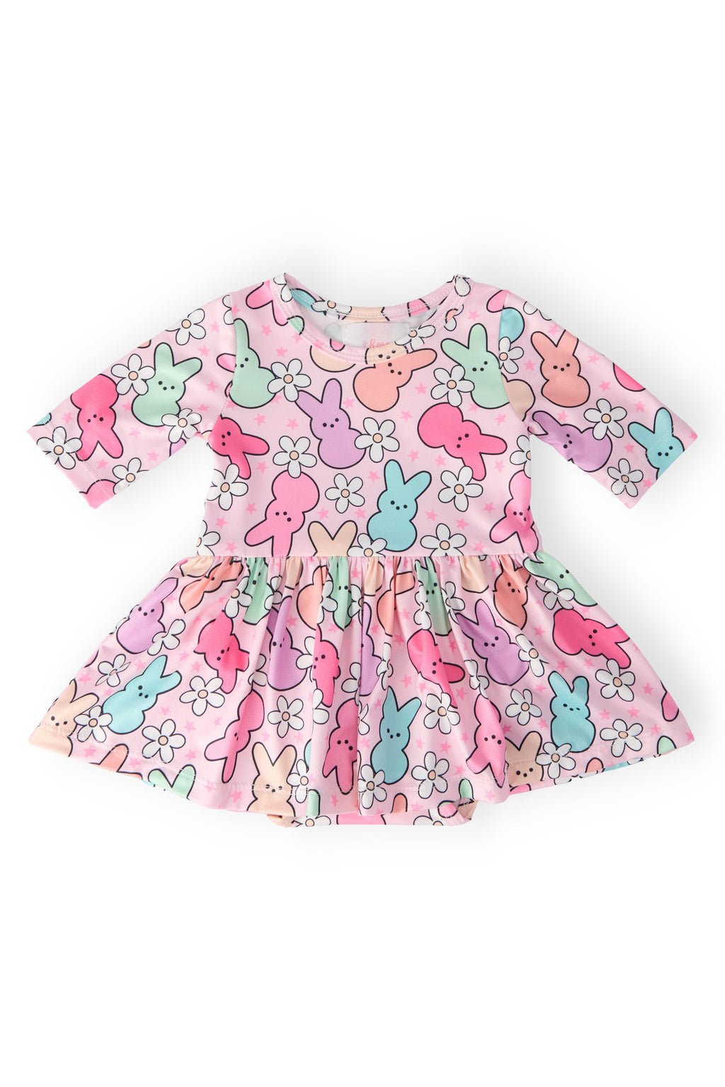 Mila & Rose Twirl Bodysuit with 3/4 sleeves for babies, featuring playful "Hangin with My Peeps" print, soft fabric, and comfortable fit.