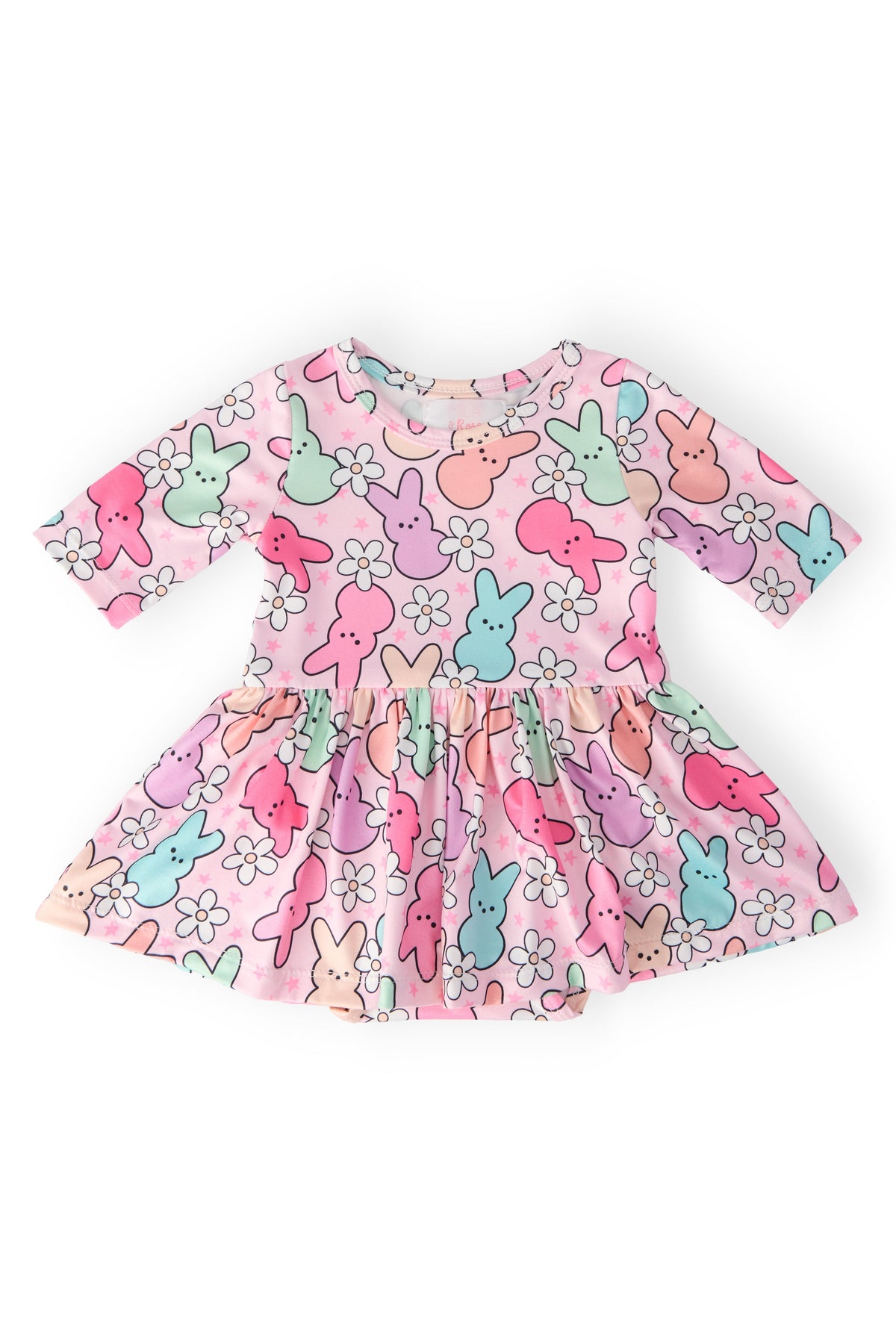 Mila & Rose Twirl Bodysuit with 3/4 sleeves for babies, featuring playful "Hangin with My Peeps" print, soft fabric, and comfortable fit.