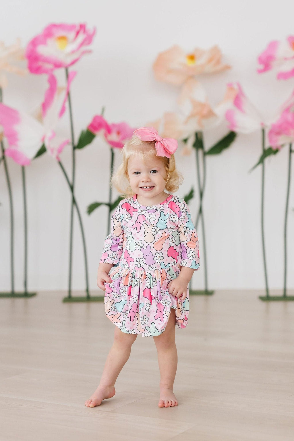 Mila & Rose 3/4 sleeve Twirl Bodysuit for babies, featuring a playful "Hangin with My Peeps" design in soft fabric.