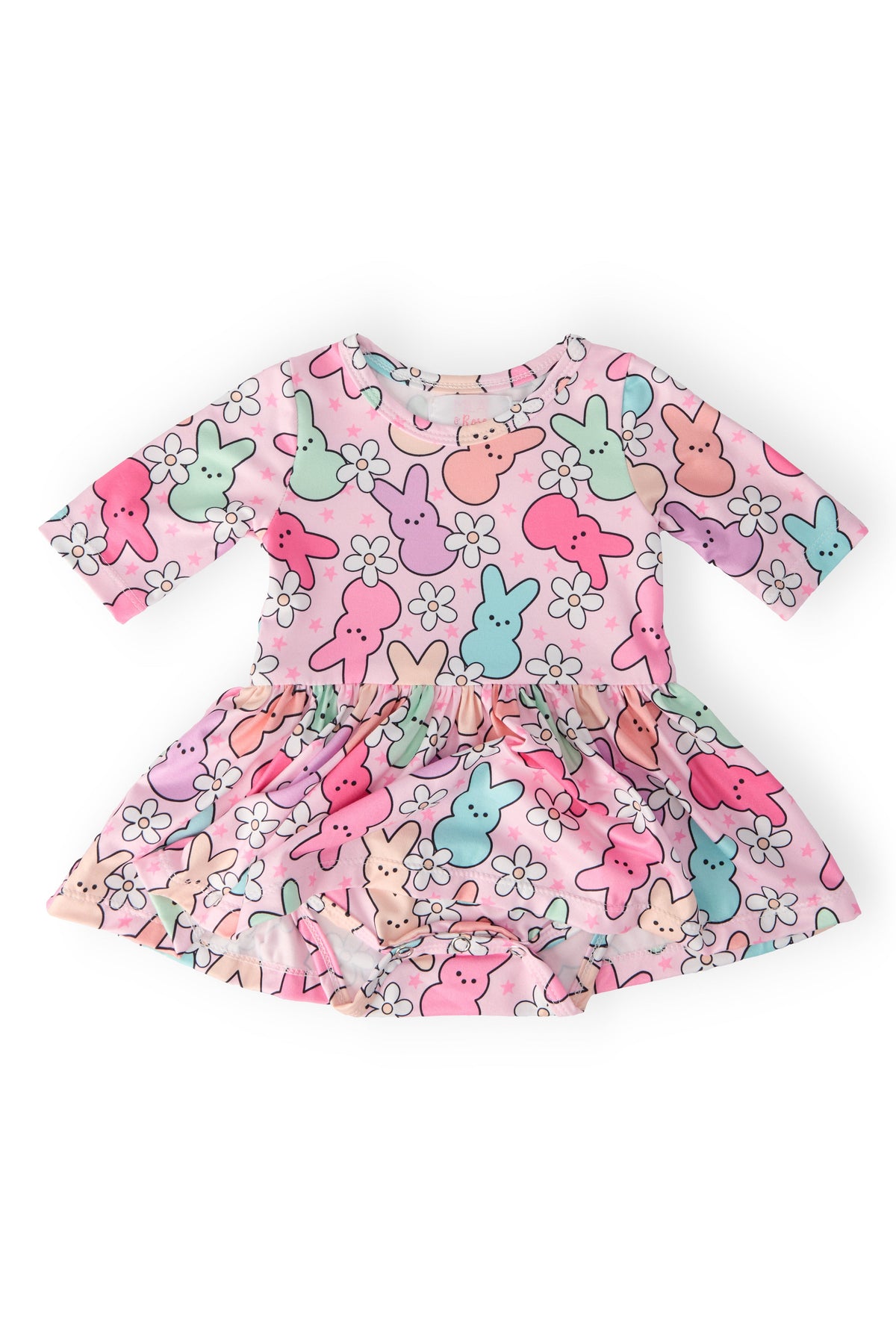 Mila & Rose hangin with my peeps 3/4 sleeve twirl bodysuit for babies, featuring colorful print and soft fabric.
