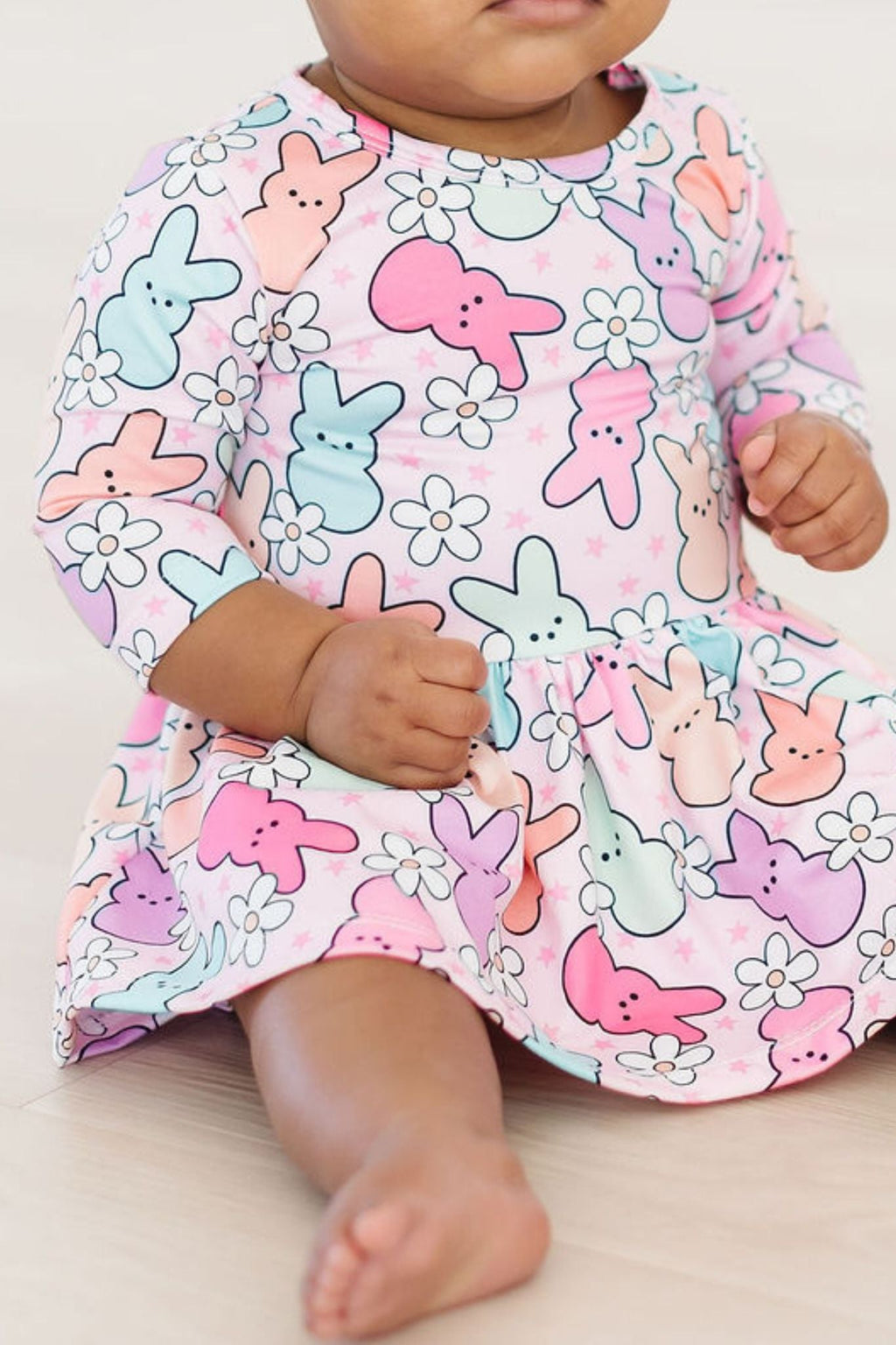Mila & Rose 3/4 sleeve twirl bodysuit for babies, featuring playful "Hangin with My Peeps" print on soft fabric.