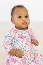 Mila & Rose twirl bodysuit for infants with 3/4 sleeves, featuring a playful "Hangin with My Peeps" design in soft fabric.
