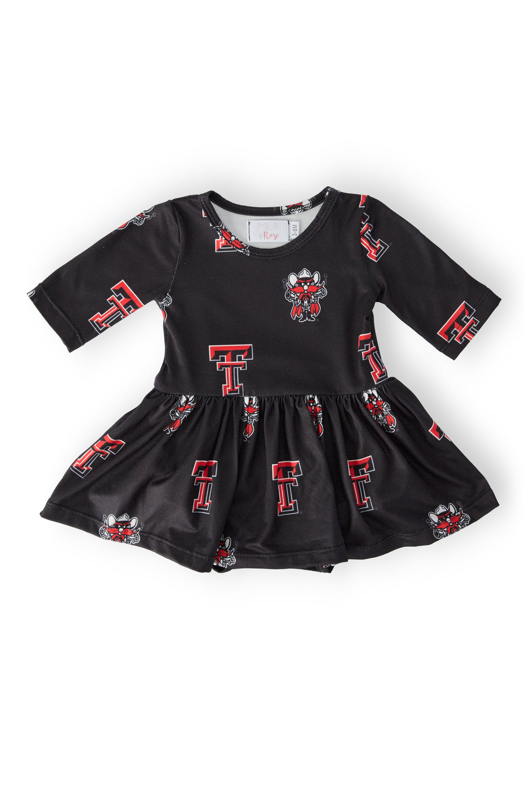Mila & Rose Texas Tech Black Raider Red 3/4 sleeve twirl bodysuit for babies, featuring a comfortable design and team colors.