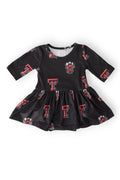Mila & Rose Texas Tech Black Raider Red 3/4 sleeve twirl bodysuit for babies, featuring a comfortable design and team colors.