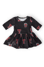 Mila & Rose Texas Tech Black Raider Red 3/4 sleeve twirl bodysuit for babies, featuring a comfortable design and team colors.