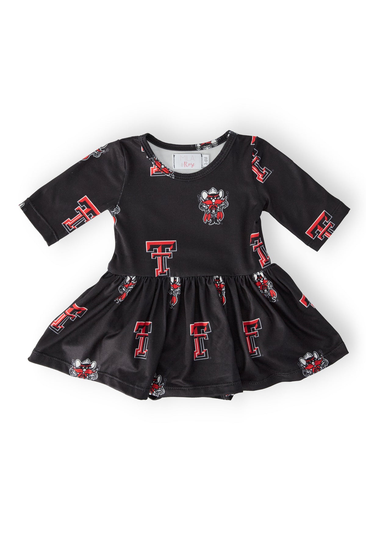 Mila & Rose Texas Tech Black Raider Red 3/4 sleeve twirl bodysuit for babies, featuring a comfortable design and team colors.