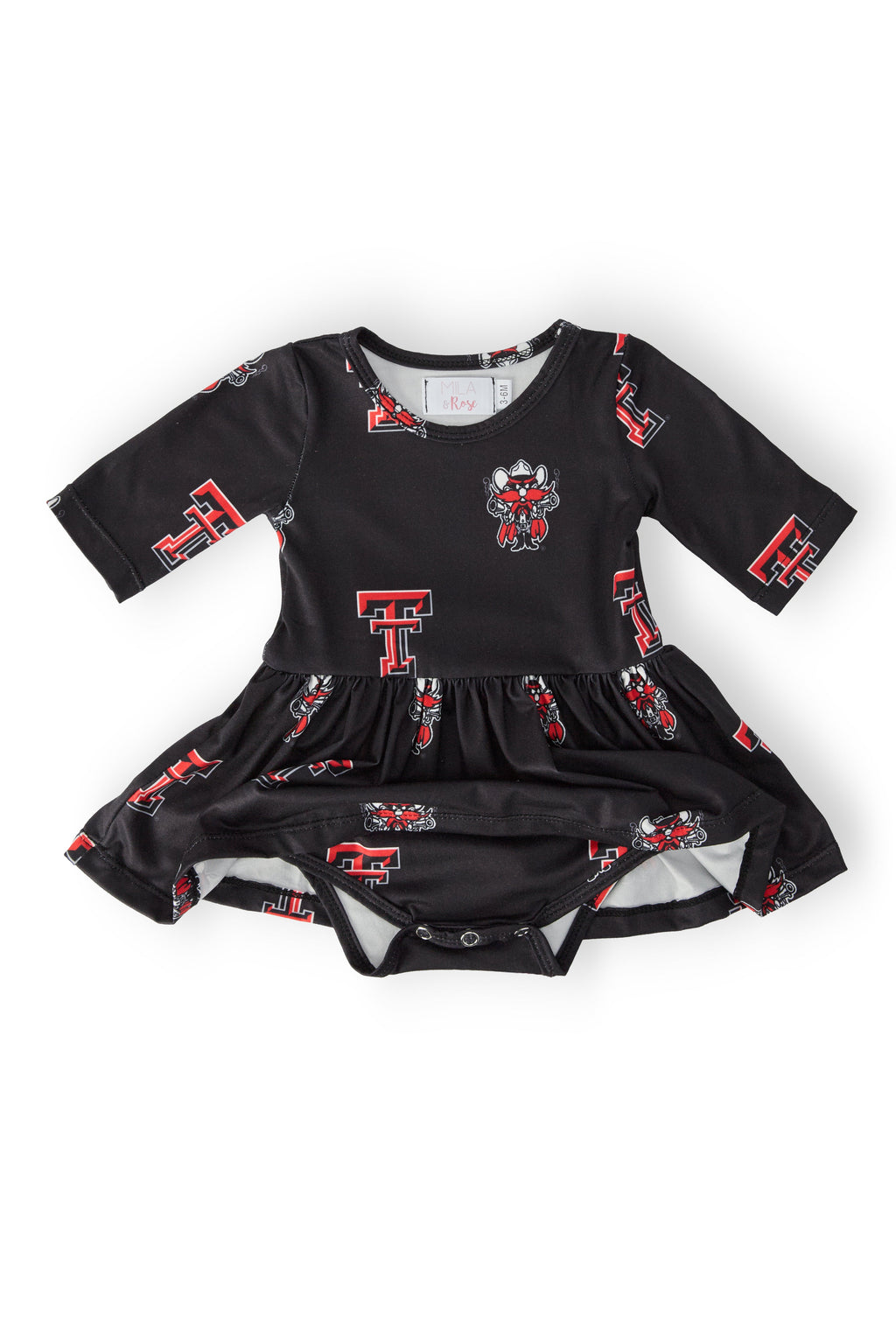 Mila & Rose Texas Tech Black Raider Red 3/4 sleeve twirl bodysuit for babies, featuring a playful design and comfortable fit.