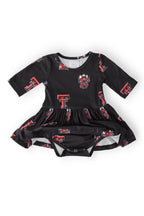 Mila & Rose Texas Tech Black Raider Red 3/4 sleeve twirl bodysuit for babies, featuring a playful design and comfortable fit.