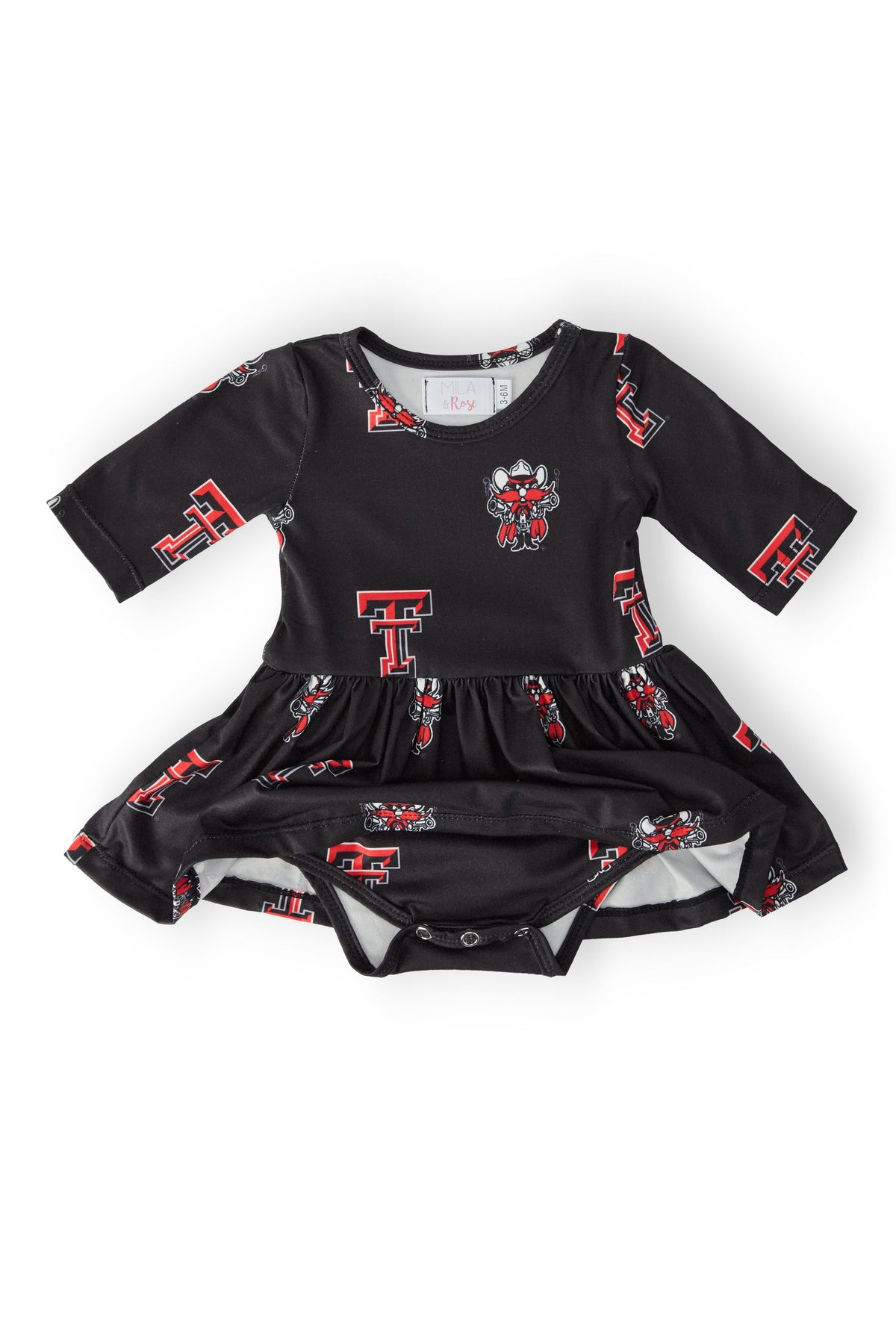 Mila & Rose Texas Tech Black Raider Red 3/4 sleeve twirl bodysuit for babies, featuring a playful design and comfortable fit.