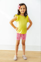 Mila & Rose I Love You Tulip Much Twirl Shorts for toddlers, pink fabric with tulip design and elastic waistband.