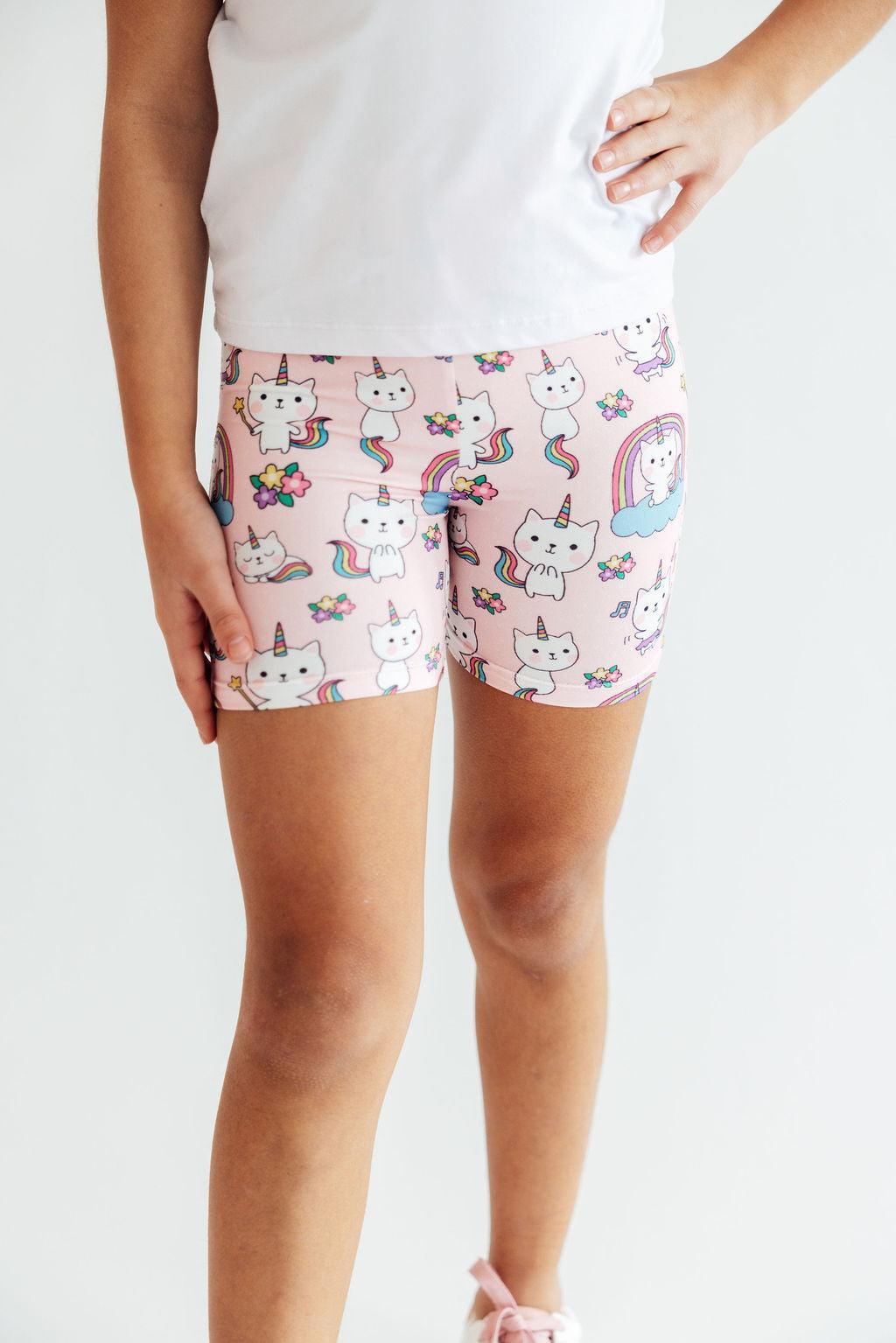 Mila & Rose rainbow Purr-fection Twirl Shorts for toddlers, colorful fabric with a playful, twirling design, suitable for ages 12-24 months.