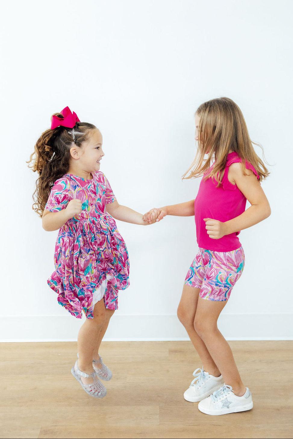 Mila & Rose® Sweetheart Scribbles Twirl Shorts for toddlers, pink and white fabric with playful scribble pattern and elastic waist.