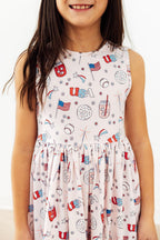 Mila & Rose Born in the USA Twirl Tank Dress for babies, pink and white fabric, perfect for warm weather and playful twirls.