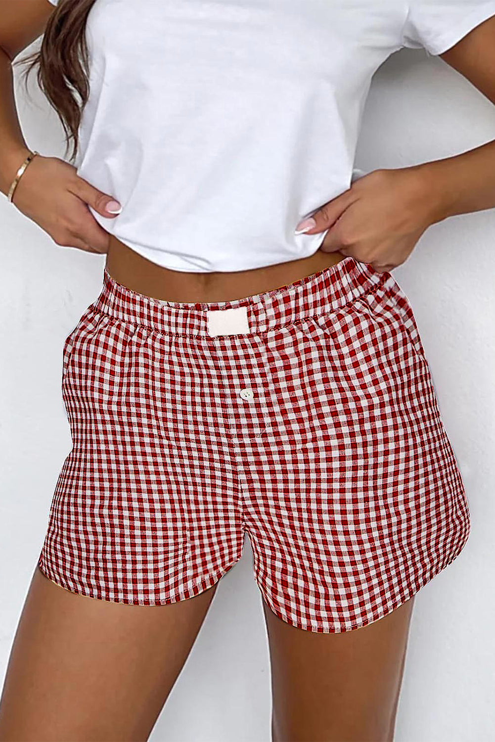 Red Gingham printed high waist shorts from Mommas Hive, casual polyester bottoms with a fitted design and classic pattern.