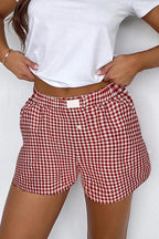 Red Gingham printed high waist shorts from Mommas Hive, casual polyester bottoms with a fitted design and classic pattern.