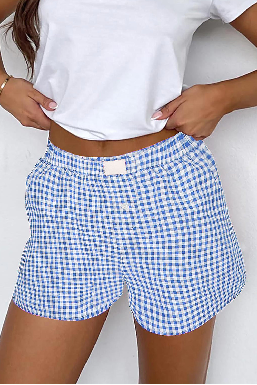 Red gingham printed high waist casual shorts from Mommas Hive, made of 100% polyester, shown on a model.