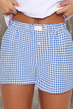 Red gingham printed high waist casual shorts by Mommas Hive, made of lightweight polyester, with a comfortable fit.