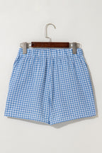 Red gingham printed high waist casual shorts for women by Mommas Hive, made from lightweight polyester fabric.