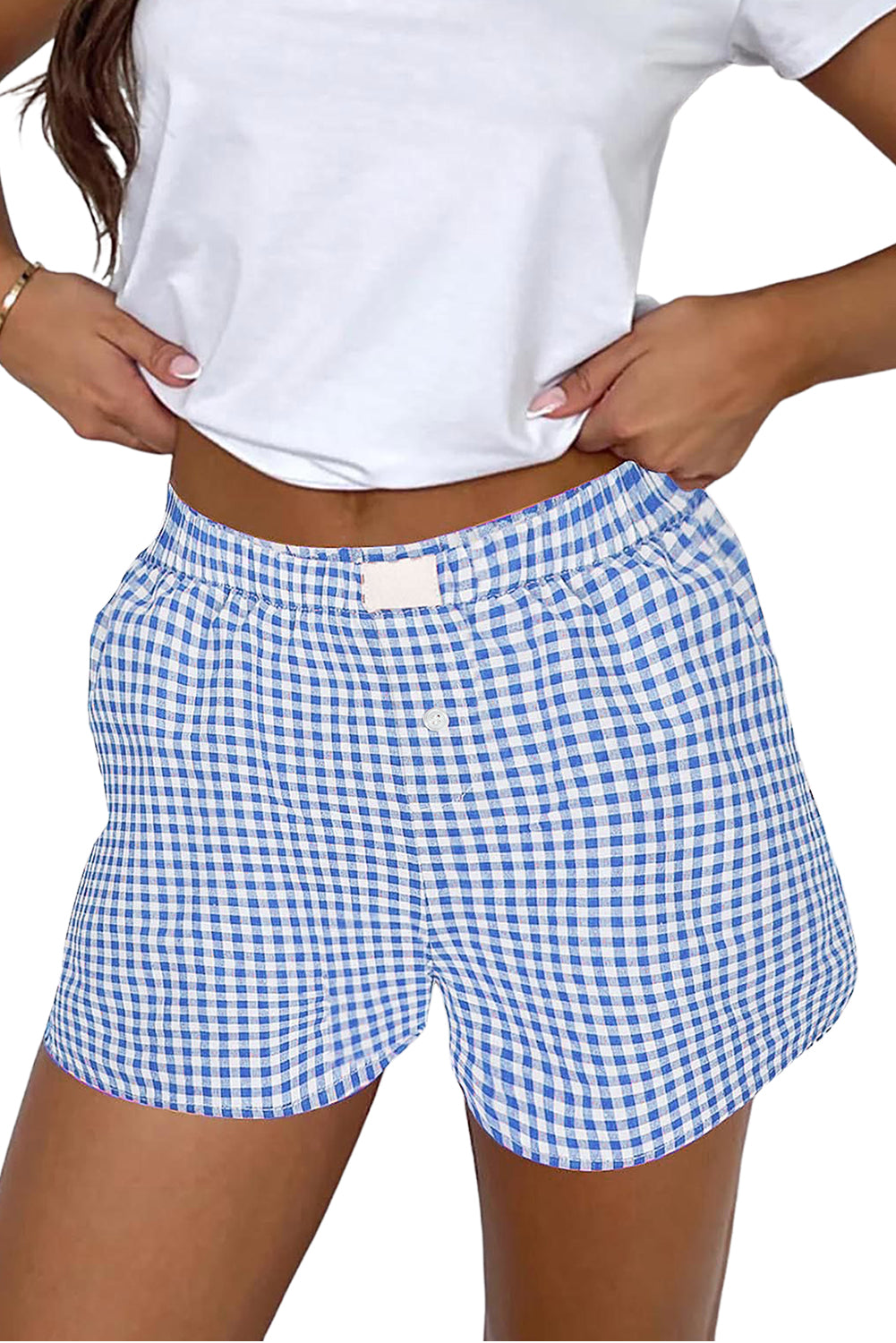 Red gingham printed high waist shorts from Mommas Hive, casual polyester bottoms with a relaxed fit and comfortable design.