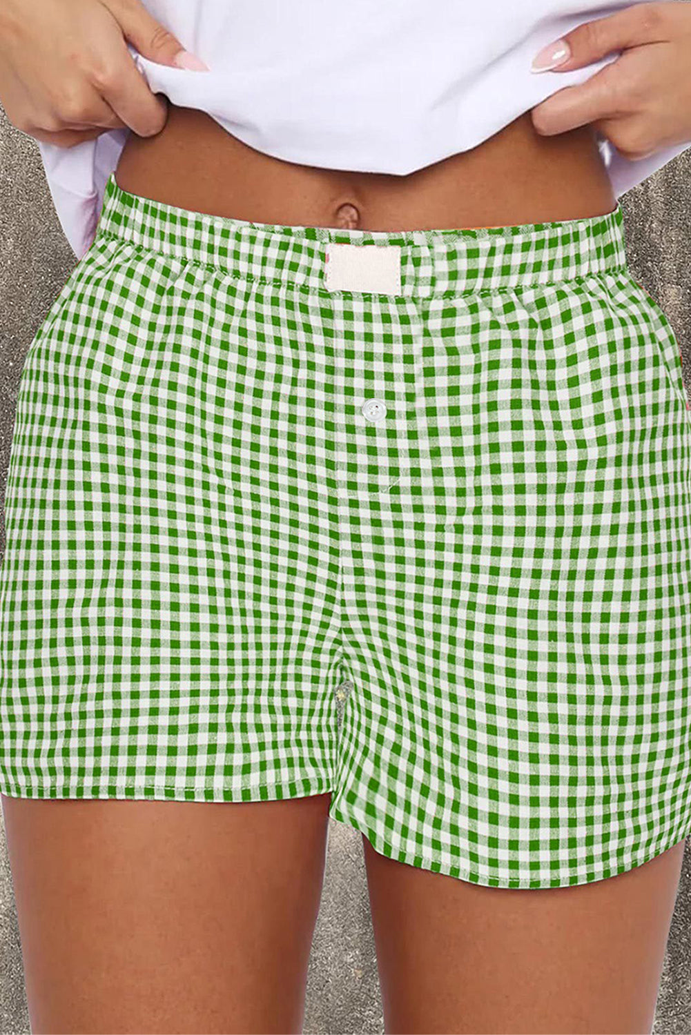 Red gingham printed high waist casual shorts by Mommas Hive, featuring a relaxed fit and polyester fabric.
