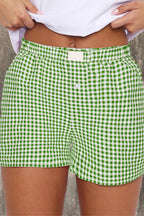Red gingham printed high waist casual shorts by Mommas Hive, featuring a relaxed fit and polyester fabric.