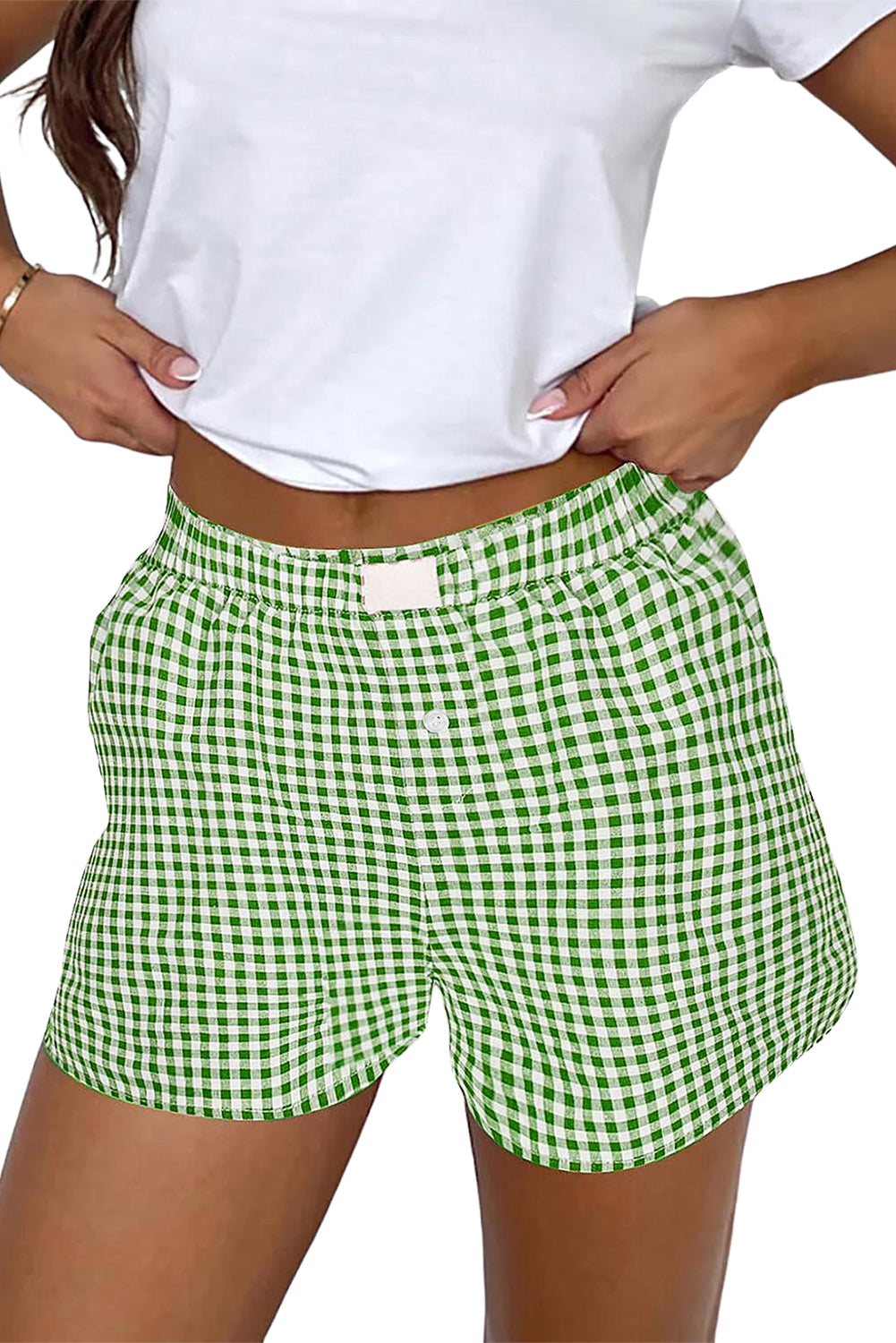 Red gingham printed high waist shorts by Mommas Hive, casual polyester bottoms with a relaxed fit and stylish design.