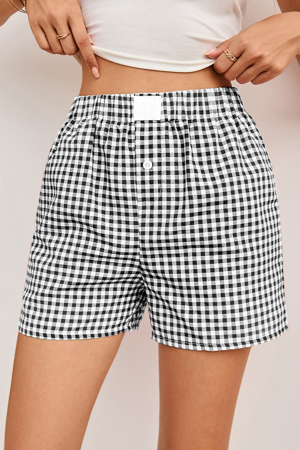 Red gingham printed high waist casual shorts from Mommas Hive, made of lightweight polyester fabric, shown on a model.
