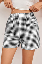 Red gingham printed high waist casual shorts from Mommas Hive, made of lightweight polyester fabric, shown on a model.