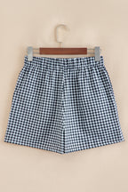Red gingham printed high waist shorts by Mommas Hive, casual polyester bottoms with a comfortable fit and stylish design.