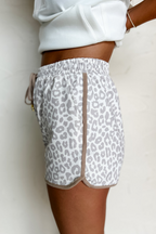 Pink leopard print casual shorts with elastic waistband, lace-up front, contrast trim, made by Mommas Hive.
