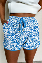 Pink leopard print casual shorts with elastic waist, lace-up front, contrast trim, made by Mommas Hive.