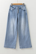 Beau Blue Multi Buttons Pinstripe Wide Leg Jeans by Mommas Hive, showcasing the stylish high-waist jeans with button details and pinstripe pattern.