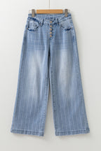 Beau Blue Multi Buttons Pinstripe Wide Leg Jeans by Mommas Hive, showcasing the stylish high-waist jeans with button details and pinstripe pattern.