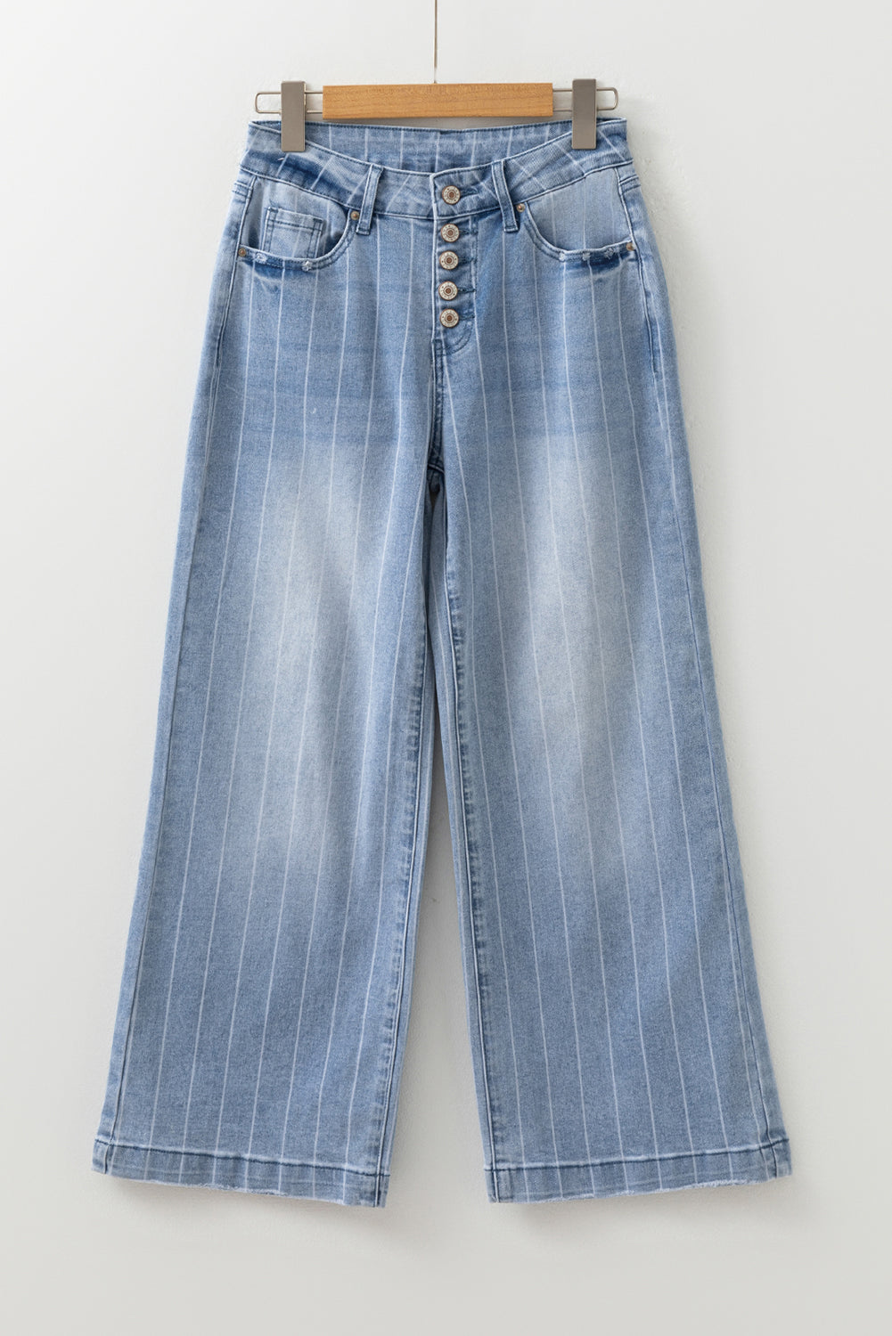 Beau Blue Multi Buttons Pinstripe Wide Leg Jeans by Mommas Hive, showcasing the stylish high-waist jeans with button details and pinstripe pattern.