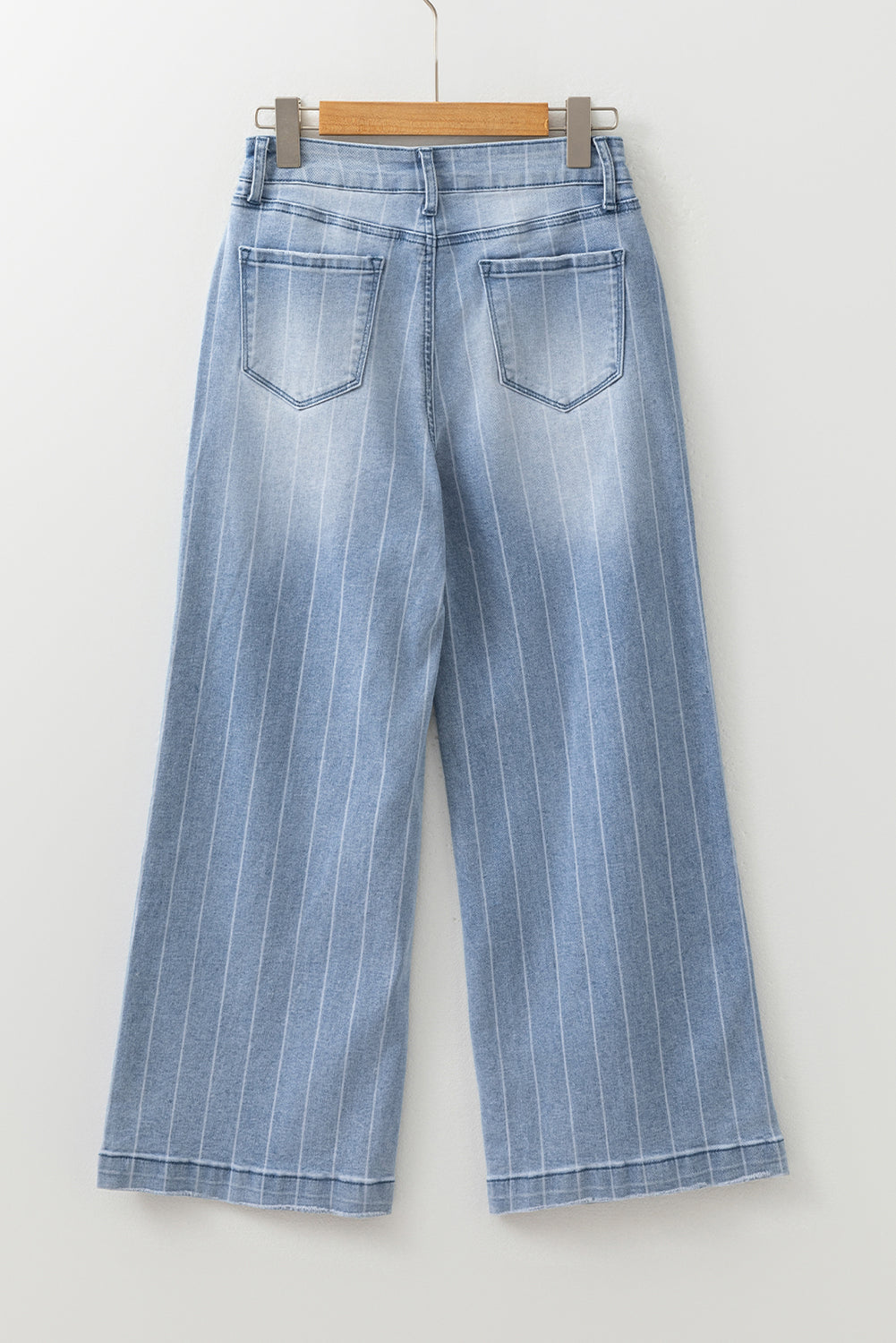 Beau Blue Multi Buttons Pinstripe Wide Leg Jeans by Mommas Hive, featuring cotton, polyester blend, and elastane for a comfortable fit.