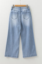 Beau Blue Multi Buttons Pinstripe Wide Leg Jeans by Mommas Hive, featuring cotton, polyester blend, and elastane for a comfortable fit.