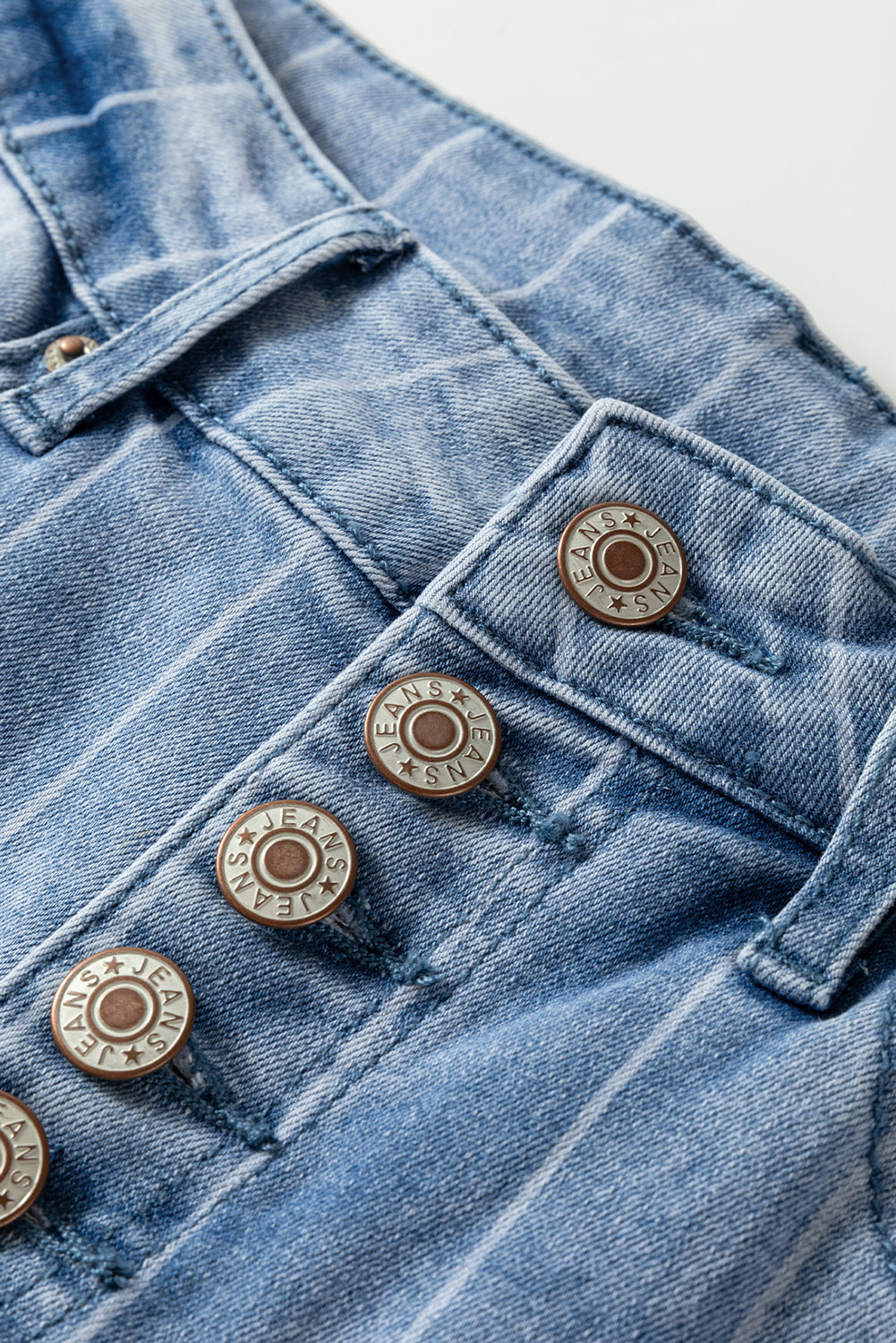 Beau Blue multi-button pinstripe wide-leg jeans by Mommas Hive, featuring cotton blend fabric and stylish relaxed fit.