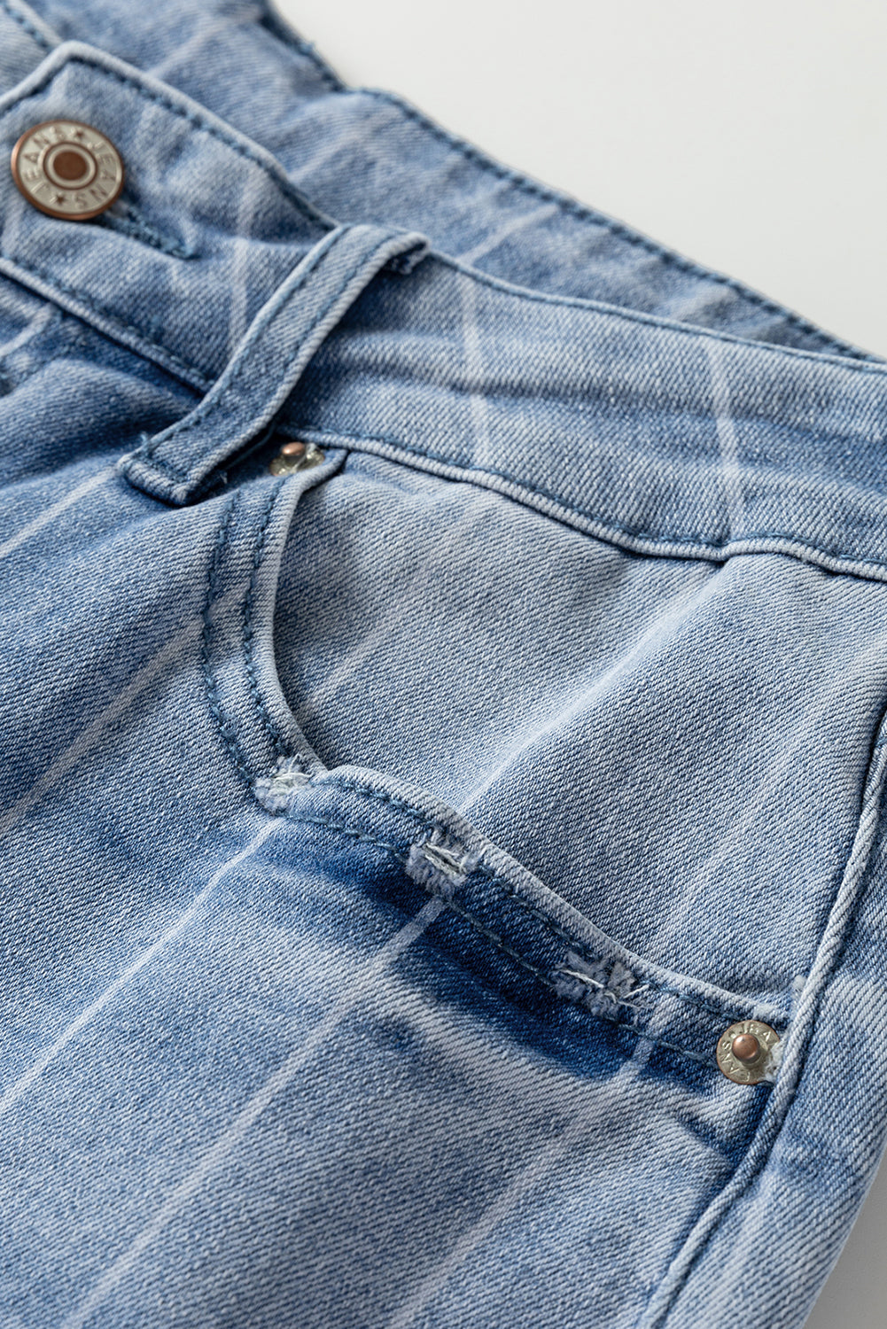 Beau Blue Multi Buttons Pinstripe Wide Leg Jeans by Mommas Hive, featuring a high-waisted design, wide leg, and pinstripe pattern.