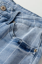 Beau Blue Multi Buttons Pinstripe Wide Leg Jeans by Mommas Hive, featuring a high-waisted design, wide leg, and pinstripe pattern.